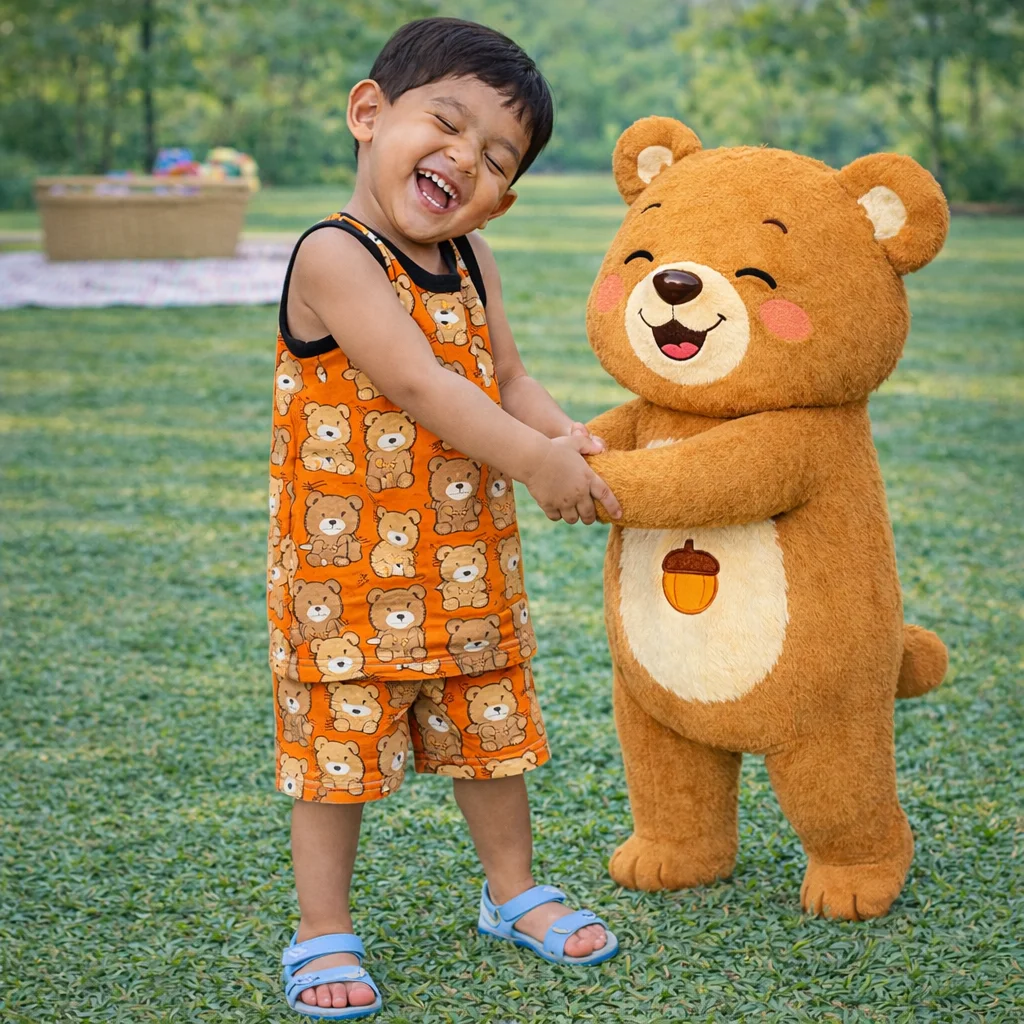 Cotton Knitted Sleeveless Cute Printed T-shirt Set - Orange